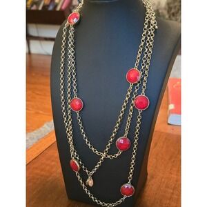 Charming Charlie Red Bezel Crystals Necklace Goldtone Vintage 90s